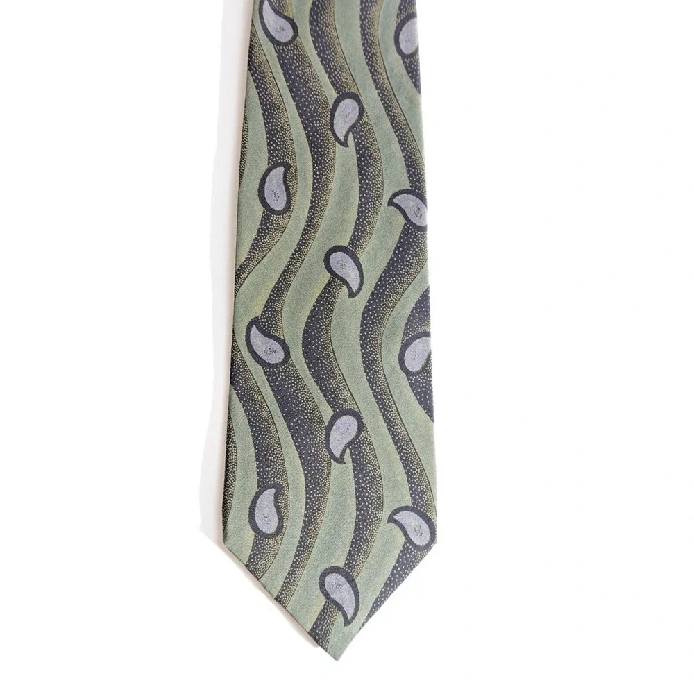 Vintage Karl Lagerfeld Tie Abstract Green Grey Teardrop 100% Silk Art to‎ Wear
